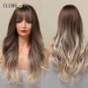 Synthetic Wig Long Medium Water Wavy Ombre Dark Brown with Bangs Wigs for Women Party Daily Hair Heat Resistant Natural