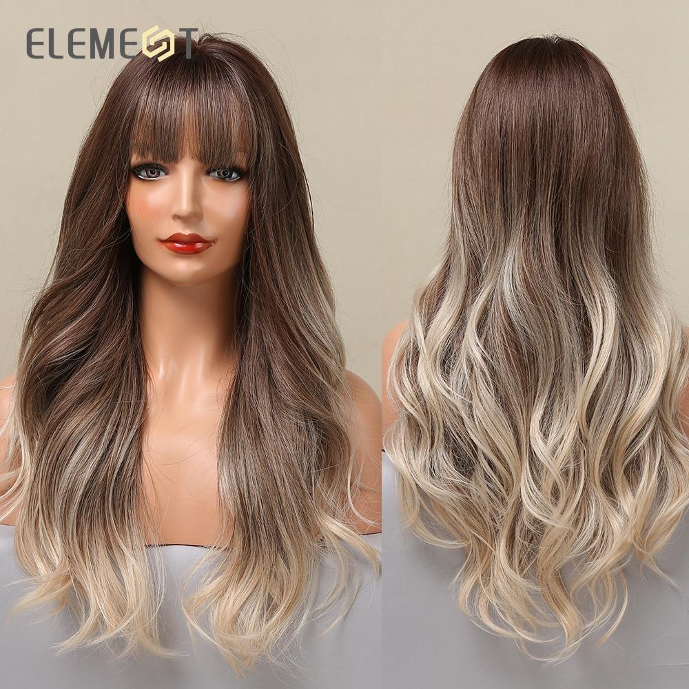 Synthetic Wig Long Medium Water Wavy Ombre Dark Brown with Bangs Wigs for Women Party Daily Hair Heat Resistant Natural
