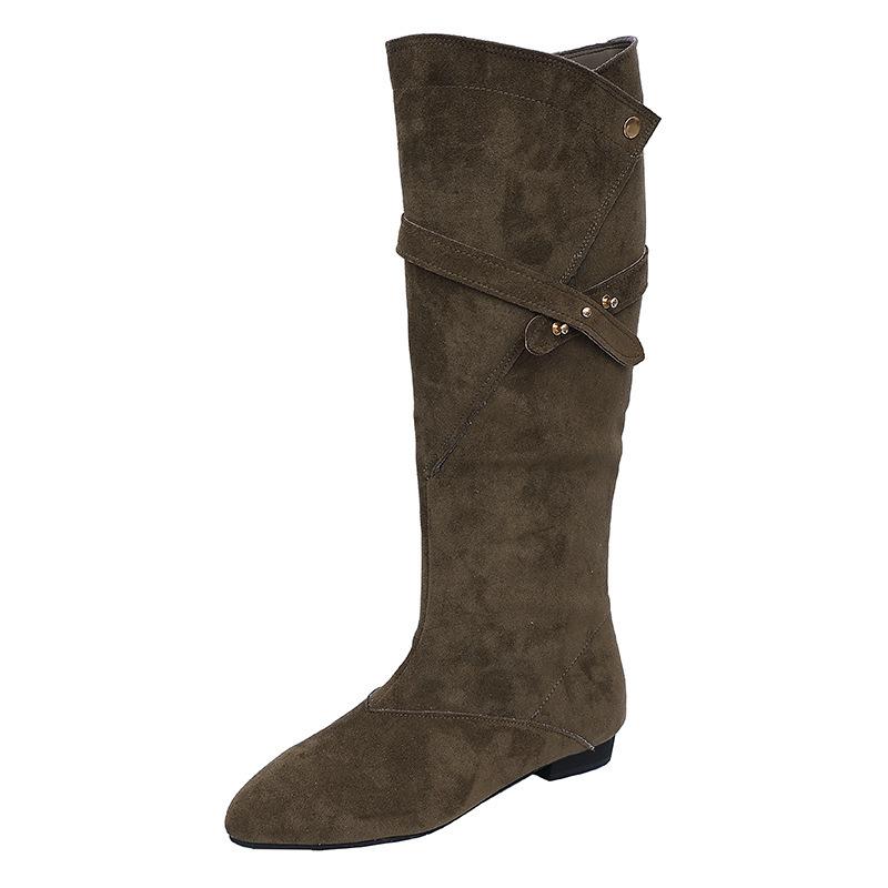 Belt buckle boots knee new temperament is not too low, thin boots women's fashion big tube circumference autumn heel pointed