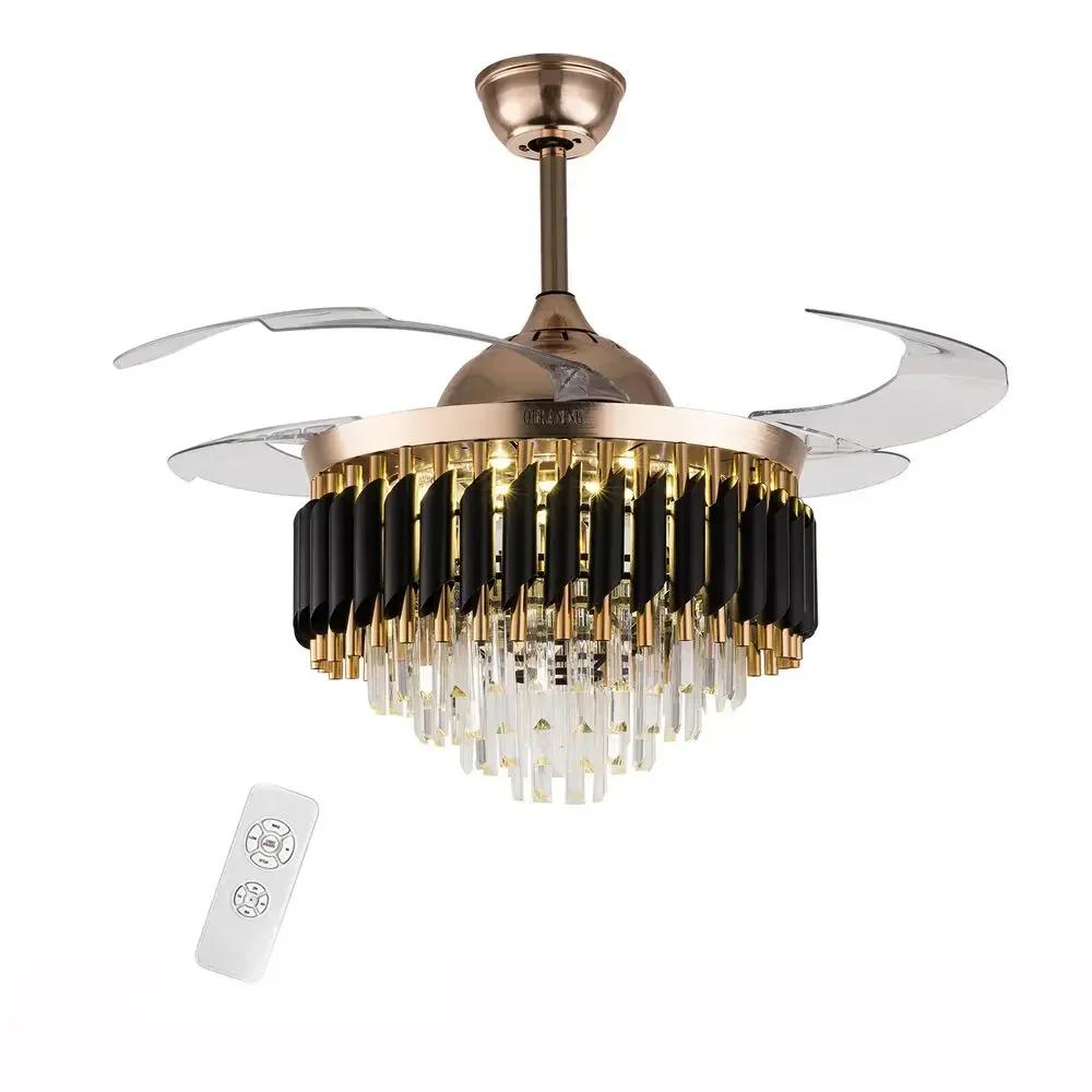 

Modern Crystal LED Ceiling Fan Chandelier 42 Retractable Blades Remote Control 3-Speed Lighting pendant lights United States