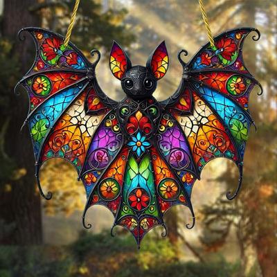 Halloween Colorful Bat Hanging Decoration Stained Glass 2D Flat Acrylic Witch Hat Suncatcher Indoor Outdoor Wall Window Hanging Sign Ornament