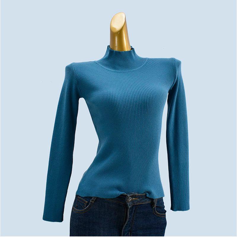 Half-High Collar Short Slim Long Sleeve Stretch Plaid Soft Glutinous Pure Color Knitting Sweater Bottoming Shirt Women's Clothing Easiest for Match
