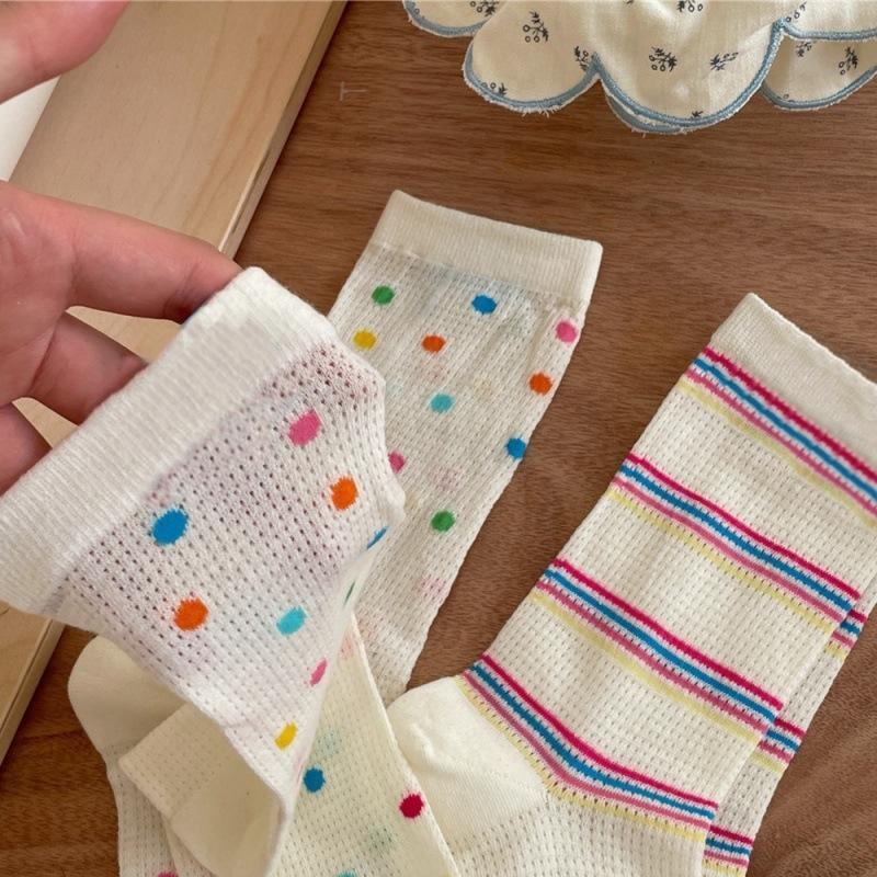 Girls Colorful Polka Dot Striped Socks Kids Mid Calf Socks Ins Trendy Pure Cotton Summer Thin Mesh Breathable Long Spring Summer