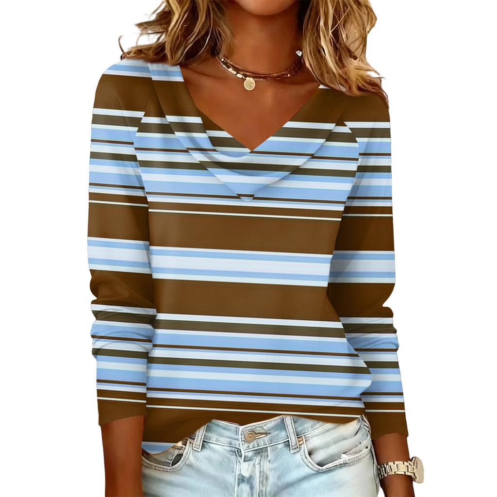 Damen gestreift bedrucktes lässiges und modisches Langarm-Pullover-Oberteil