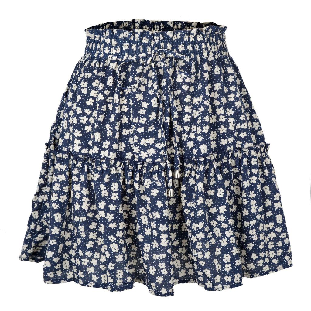 Summer Women's Casual High Waist Ruffled Floral Skirt Beach A-line Skirt