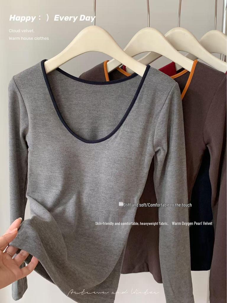 Women's Warm U-Neck Pearl Velvet Ribbed Base Layer Top - Autumn/Winter Style