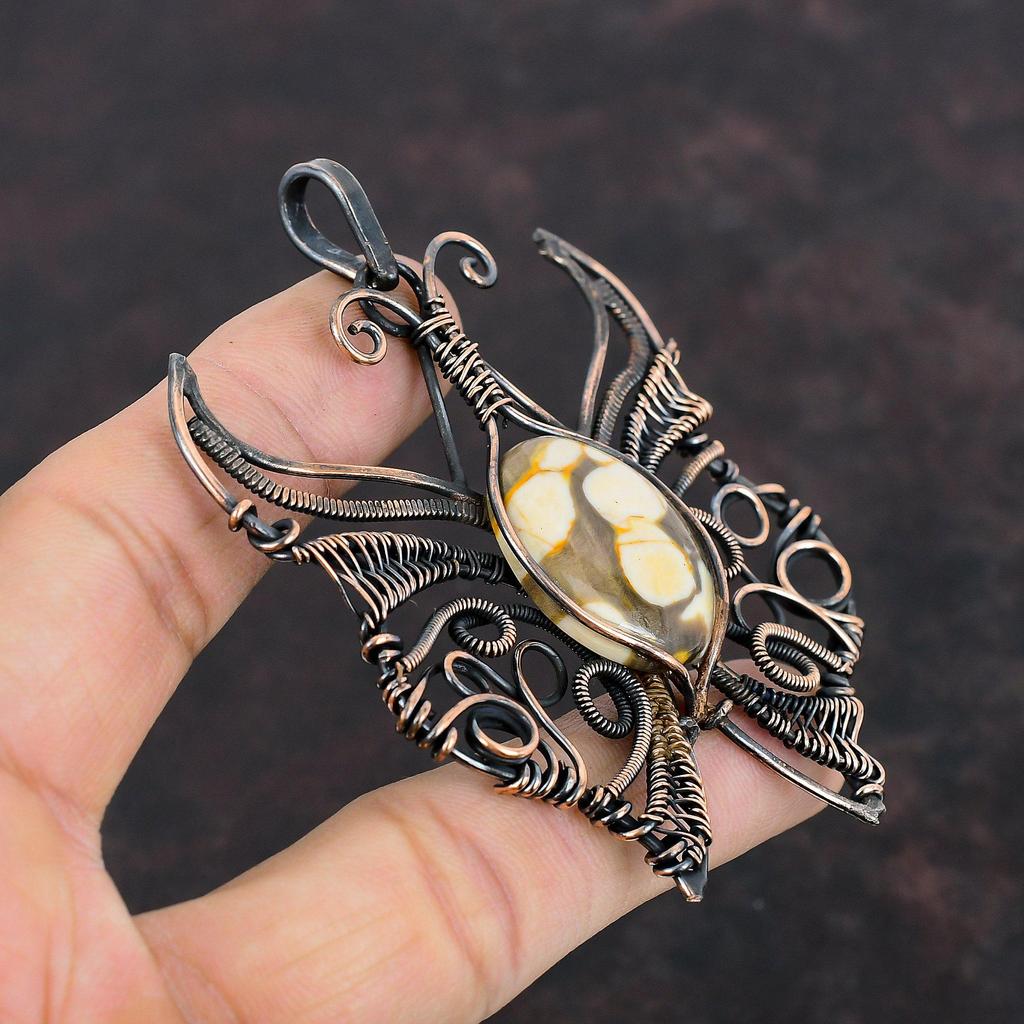 Peanut Wood Jasper Gemstone Pendant Copper Wire Wrapped Jewelry Butterfly Pendant Handmade Pendant Gifts For Him Copper Wire Wrapped Pendant