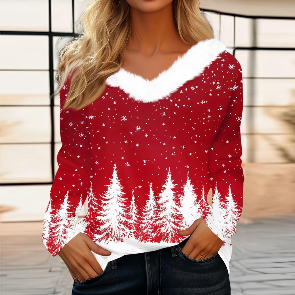 Women's T Shirt Tee Christmas Print Shirt Long Sleeve Party Christmas Fleece Collar V Neck  Top