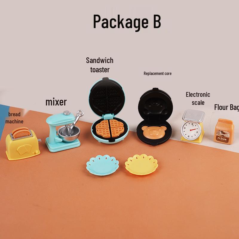 Miniature Dollhouse Kitchen Set: Breakfast Bear, Toaster, Blender, Scale, and Food Accessories.