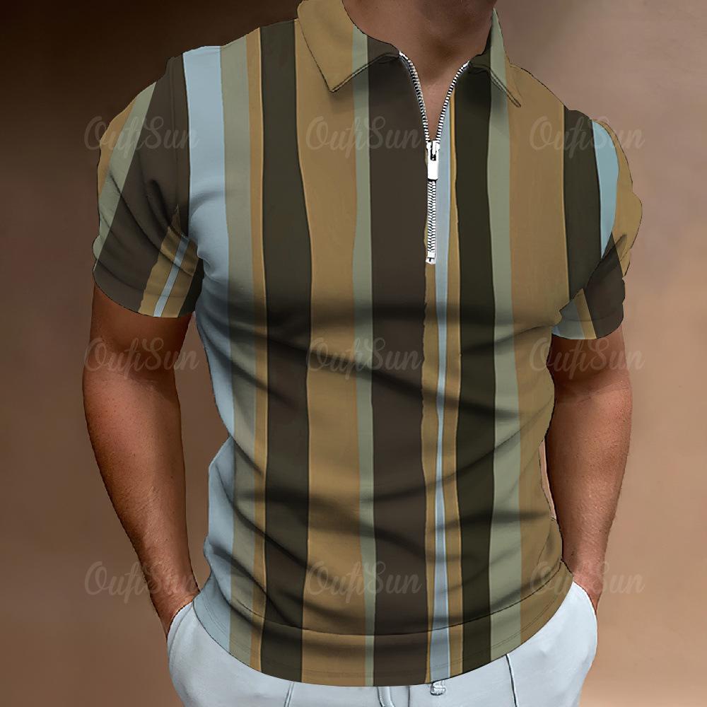 Independent Station Men'S Polo Shirt 3D Digital Printing Half Zipper Vertical Striped Short Sleeve Lapel Top