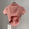 T-shirt sexy con design a cinturino scoperto sulla schiena, a maniche corte, da donna, estiva sottile europea e americana, a collo mezzo alto, top con ombelico scoperto