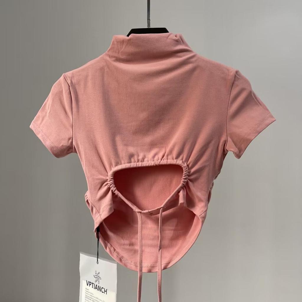 T-shirt sexy con design a cinturino scoperto sulla schiena, a maniche corte, da donna, estiva sottile europea e americana, a collo mezzo alto, top con ombelico scoperto