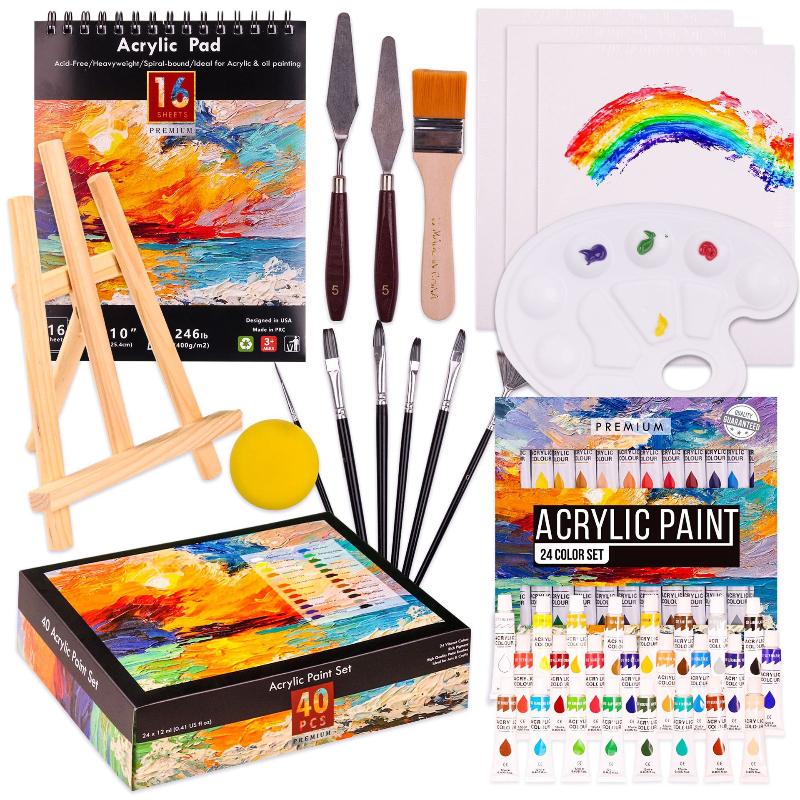 

40 PCS Painting Kit Acrylic Art Set,24 Colors Acrylic Paints 8 Brushes, Palette &Tabletop Easels for Adults, Beginners & Artists
