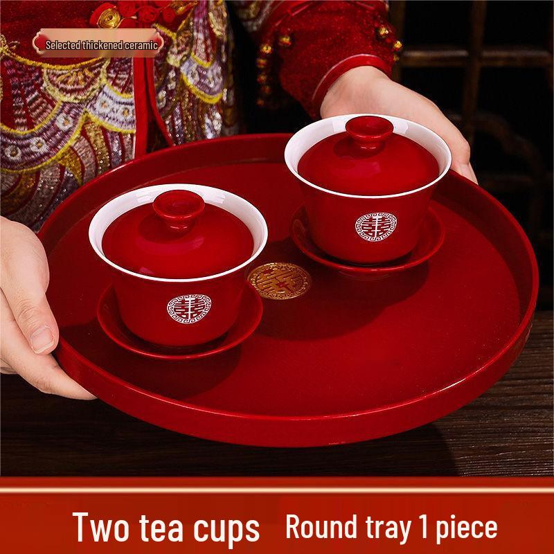 Red Wedding Tea Set: Complete Cups, Lid, Bowl & Chopsticks Set for a Joyous Occasion