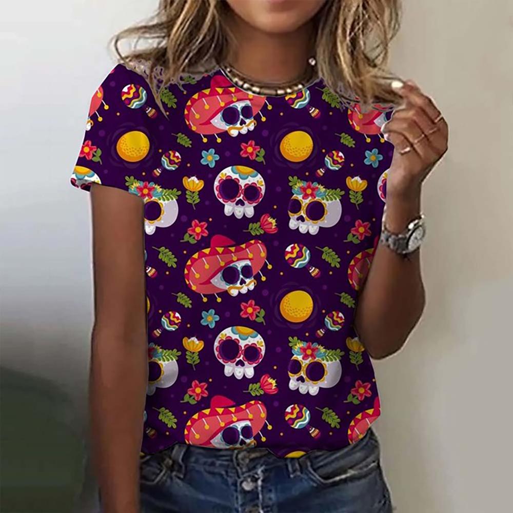 Funny Sugar Skull 3d Print Womens T Shirt Anime Cartoon Anime Mexico Summer Day of the Dead T-shirt For Men Women's Tops
