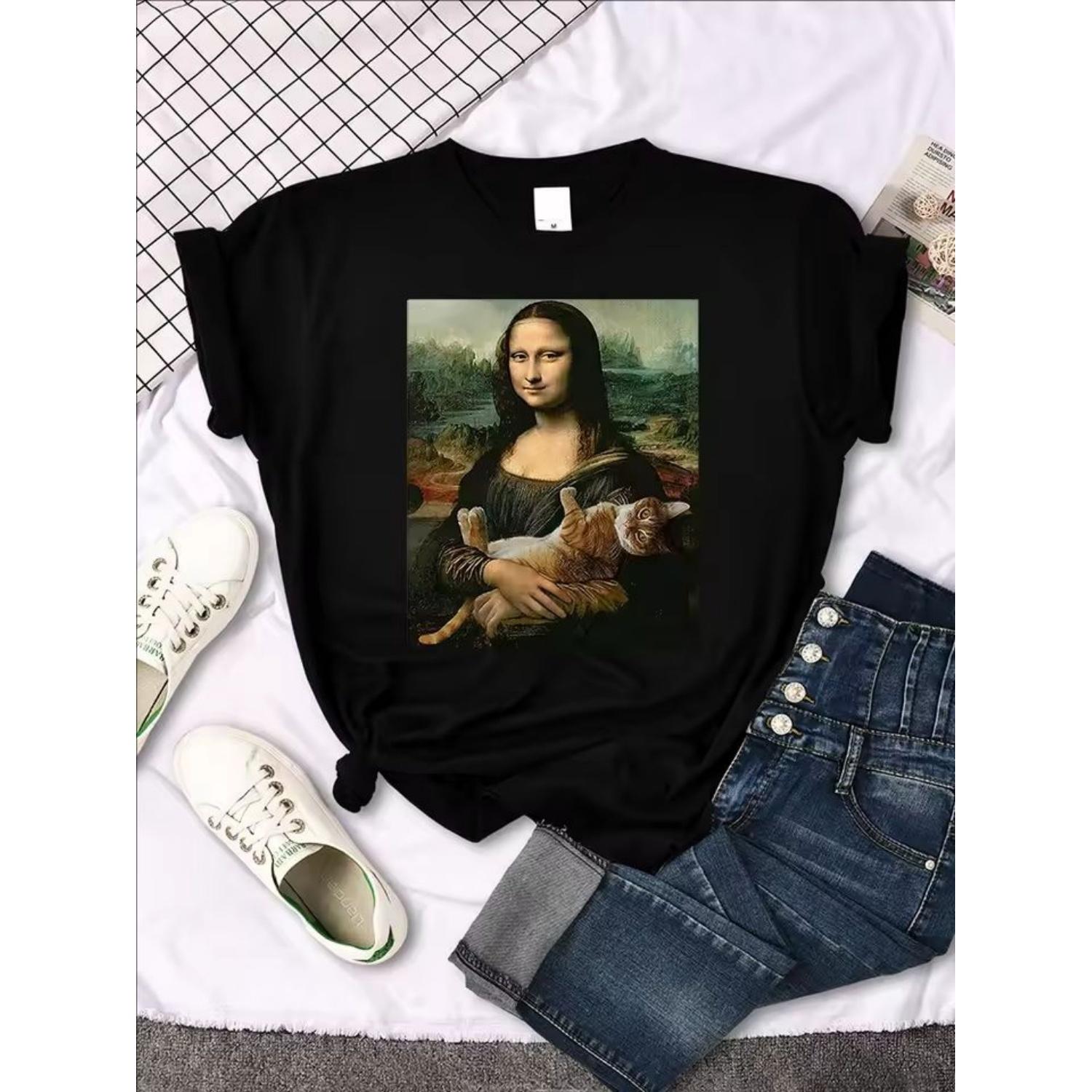 

Mona Lisa T Shirts Funny Cat Lovely Cute Printed T-Shirt For Women S Crewneck Gothic Women Tshirt Casual Oversize Tee Shirts S чёрный