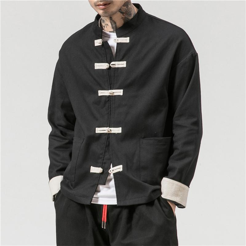 Kragenschnallenjacke Orientalisches Kung-Fu-Hemd aus Baumwolle für Herren, Freizeithemd, Stehkragen, Langarmshirts, traditioneller chinesischer Retro-Mantel