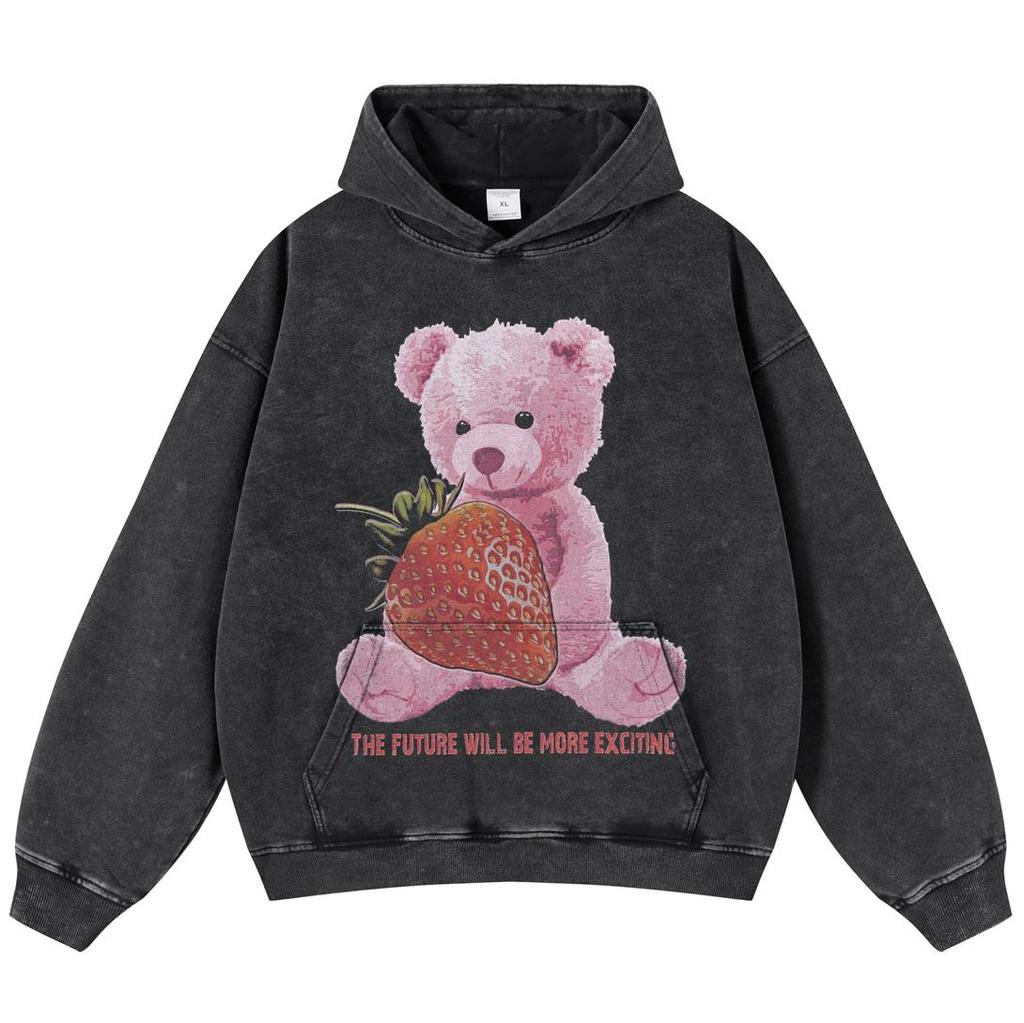 Streetwear Strawberry Bear Graphic Washed Black Oversized Unisex Long Sleeve Hoodie