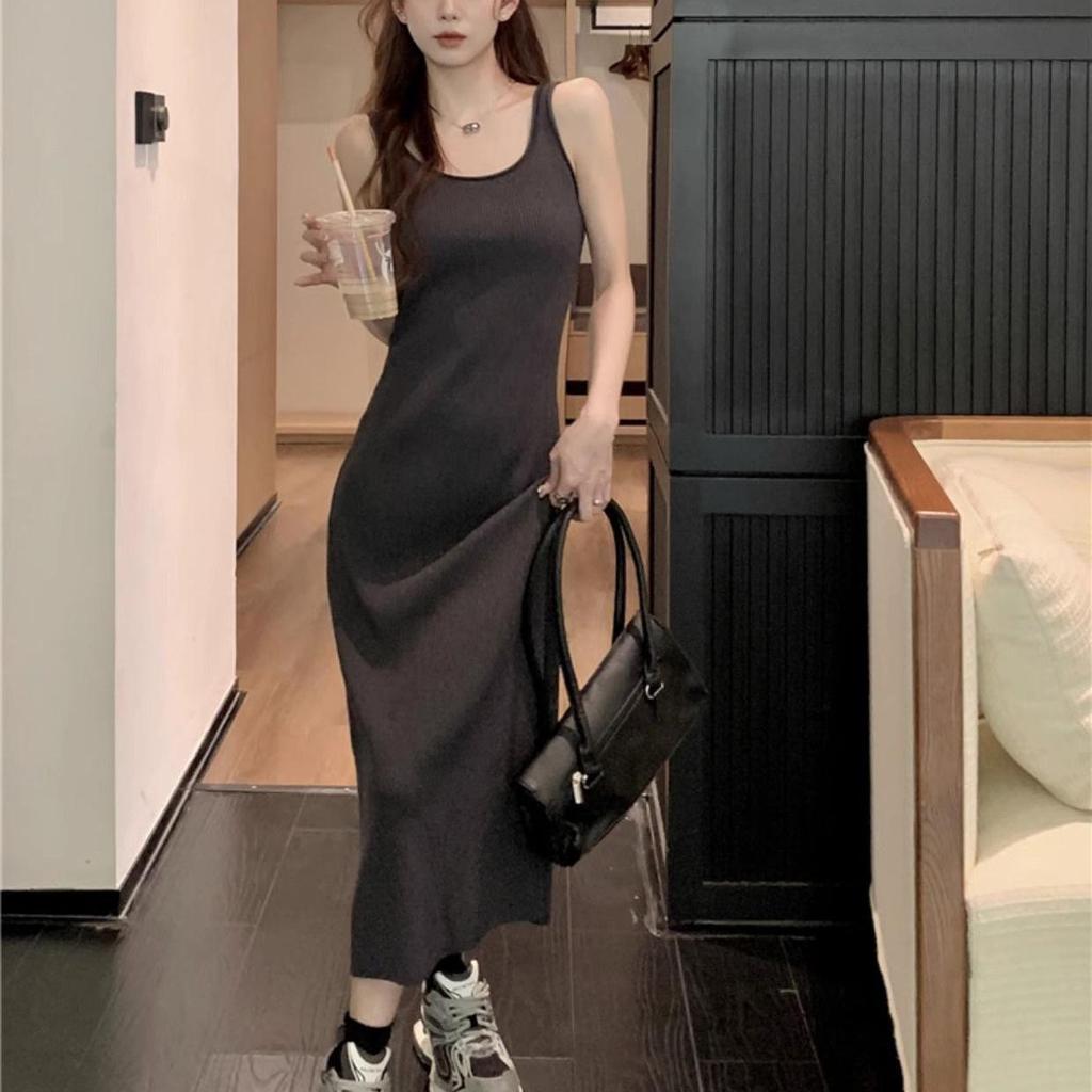 French Knit Off-Shoulder Strappy U-Neck Long Dress - Women's Summer Solid Color H-Line Vest Dress