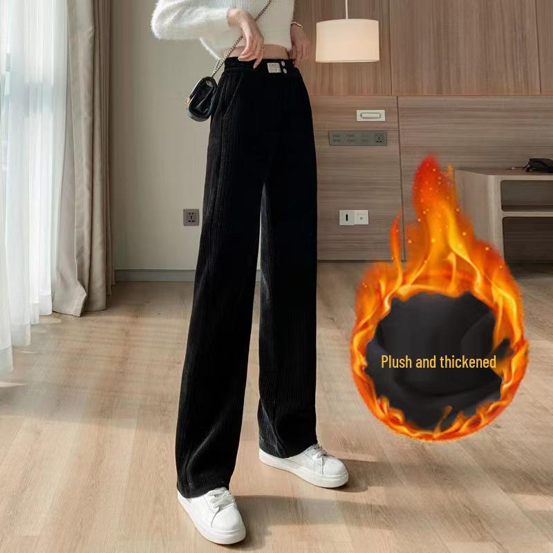 

Женские вельветовые брюки с высокой талией и широкими штанинами - Белые, на флисовой подкладке, свободного кроя, весна/осень 2023 Medium