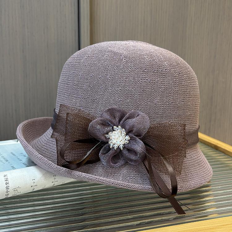 New hat women's spring and summer thin knitted sun hat middle-aged and elderly elegant crimped basin hat sunscreen mesh flower bucket hat