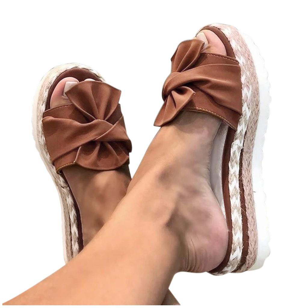 Women's Summer Slip-On Bow Flat Beach Open Toe Breathable Sandals Weave Shoes