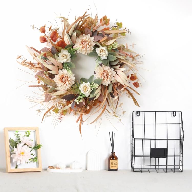 Cremefarbener Kaffeefarbener Kranz für die Haustür Handgefertigter künstlicher Blumenkranz mit leuchtenden Blüten und Blattwerk für Dekorationen