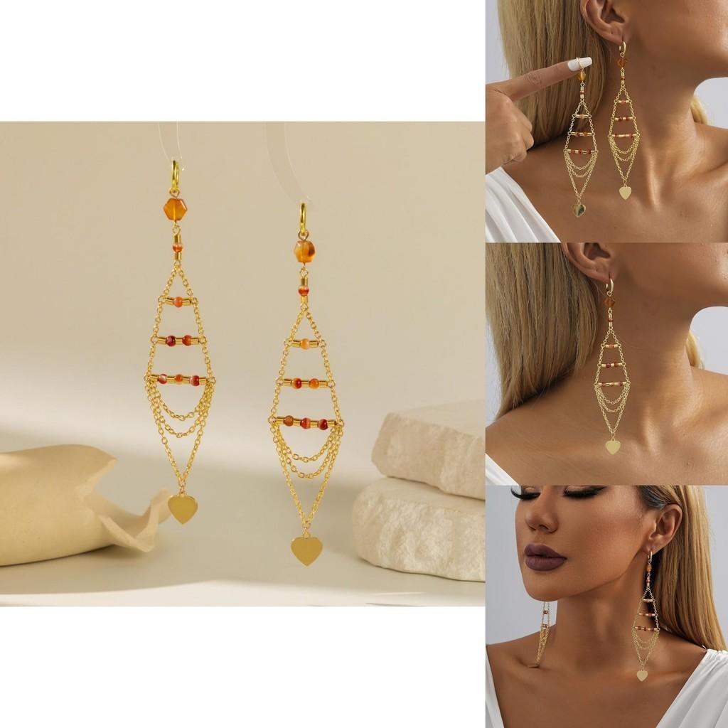 2023 Glamorous Gold Plated Triangle Crystal Heart Tassel Earrings Women For