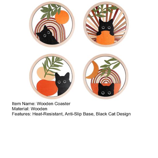 4Pcs Healing Black Cat Wooden Coaster, Creative Heat Insulation Mat, Anti Slip Thickened Desk Protector for Coffee Cup