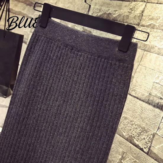 Solid Color Midi Skirt Women Knitting High Waist Back Slit Design Soft Breathable Thickened Warm Hip Wrapped