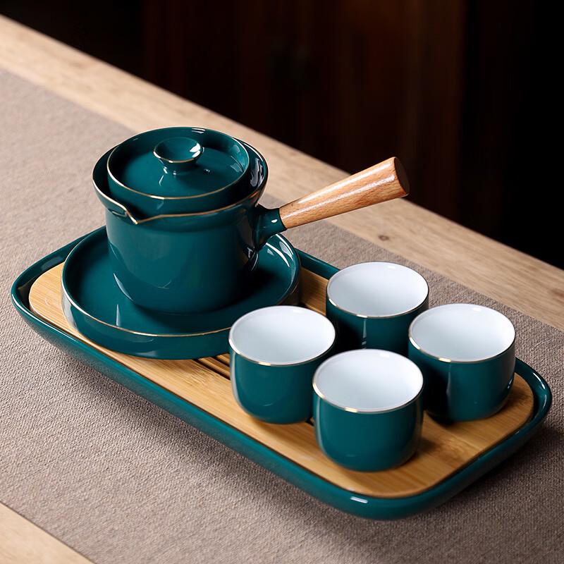 Wu Shi Yuan Orange Green Edge Ceramic Side Handle Tea Set
