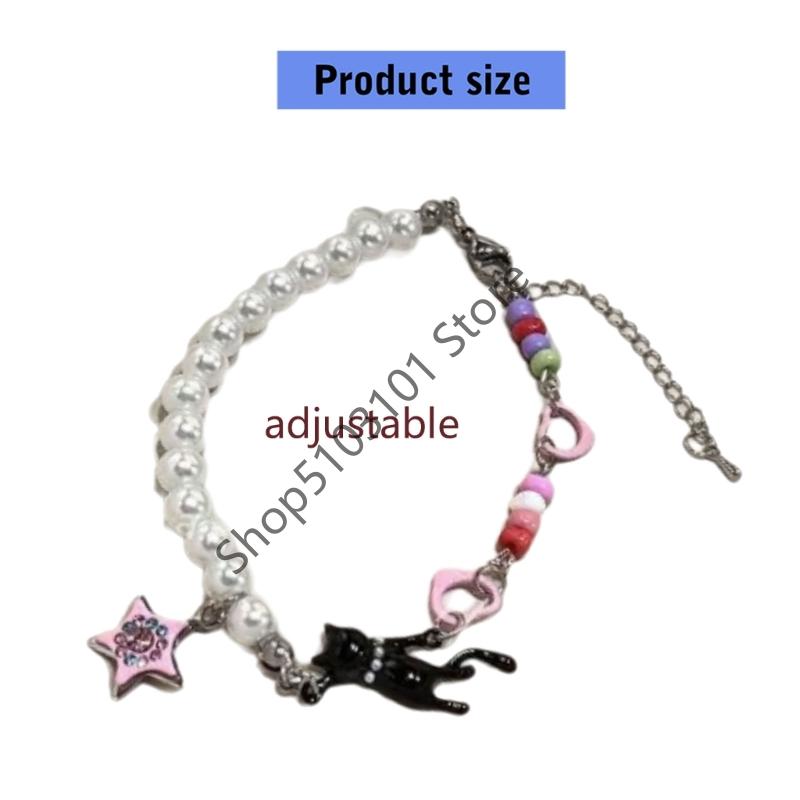X6HE Unique Black Cats Star Pearls Bracelet Adjustable Length Y2K Inspired Pearls Charm Wrist Chain Jewelry For Teen Girls