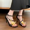 Fashion Socialite Golden Orchid Ribbon Square Head High Heels With Thin Water Drop With Fashion Party Daily All-In-One Sandals For Women