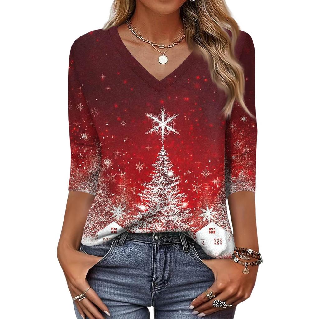 Trendy Vintage 3/4 Sleeve Top For Women,Ladies Casual Three Quarter Sleeve V-neck Printed T-Shirt Blouse