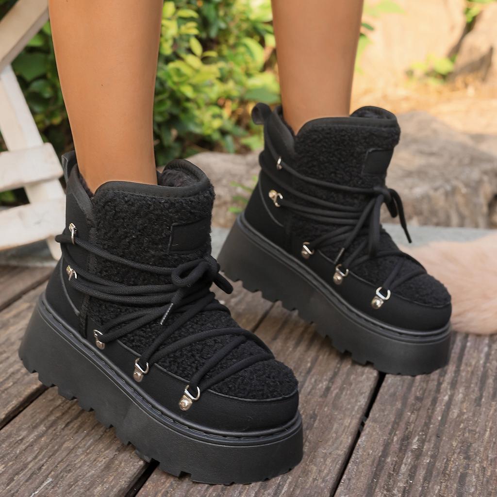 2025 Fall/Winter New Arrival: Thickened Mid-Calf Short Boots for Women Warm Winter Boots with Thick Soles and Crisscross Straps