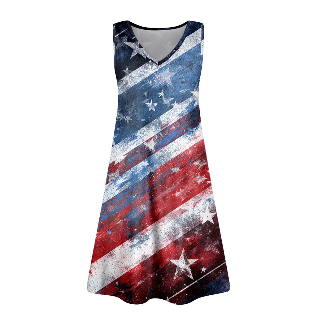 Women's Summer Casual Sun Skirt With Pocket V-Neck Independence Day Printed Loose Vest Dress