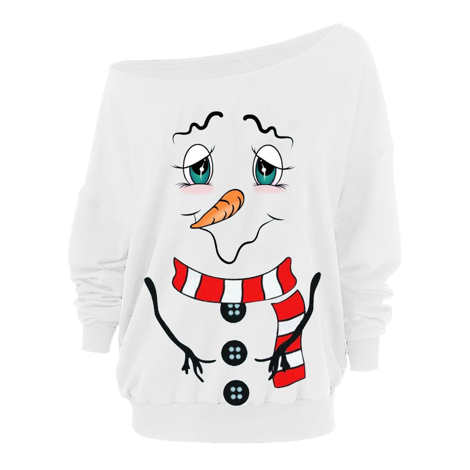 

(SU)Women Fashion Solid Color Christmas Print Long Sleeve StraplesCollar T-Shirt Top