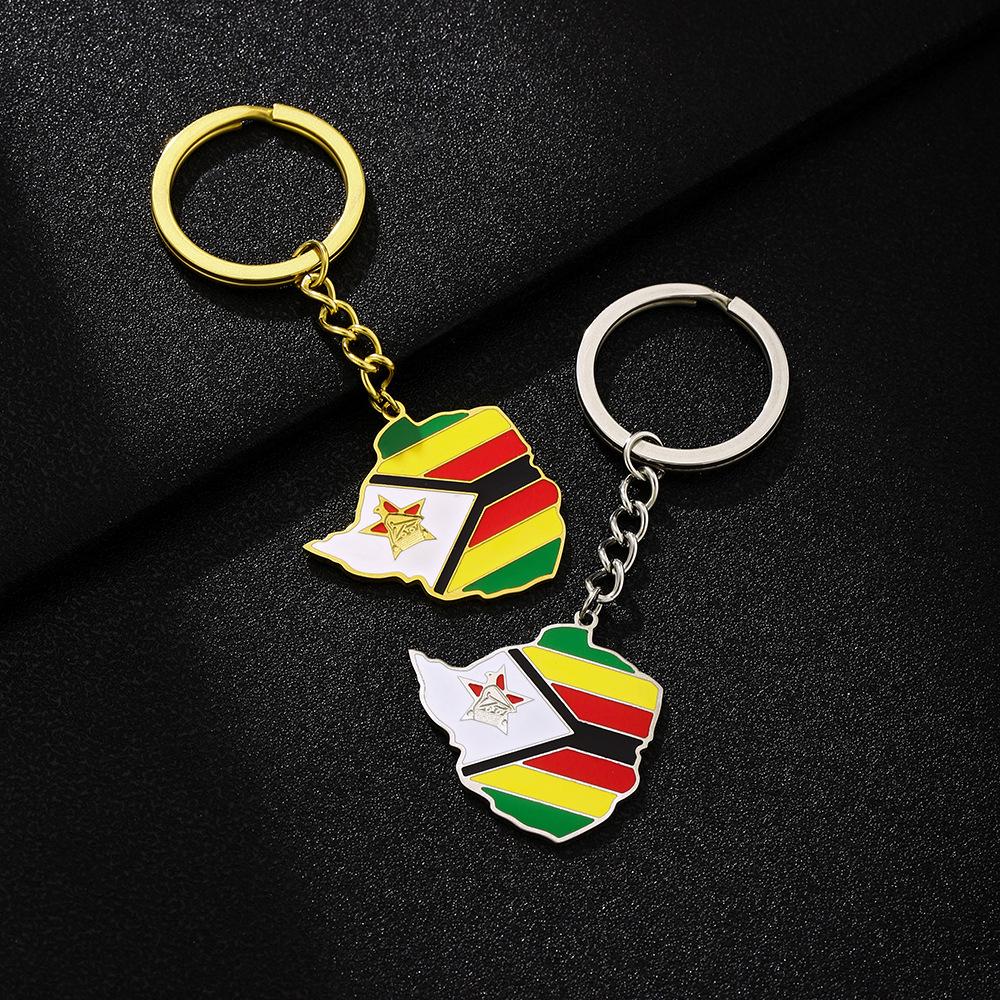 Zimbabwe Flag Map Keychain: Ethnic Style Stainless Steel Accessory for Men and Women