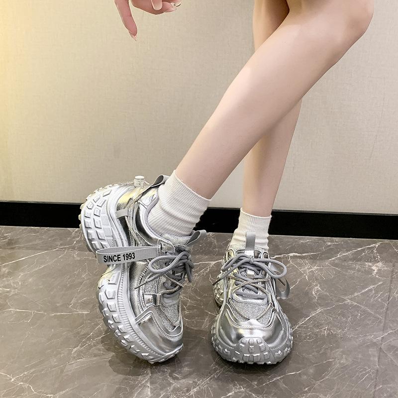 European and American Rhinestone Bright Silk Mesh Breathable Tire Dad Shoes Women 2024 New Muffin Platform Sports Casual Shoes Tide