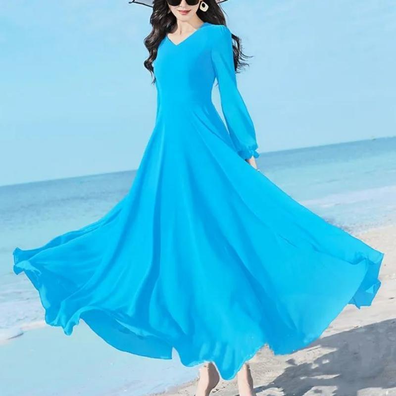 Letná móda Nové kórejské jednoduché elegantné šifónové šaty strednej dĺžky Jednofarebné s výstrihom do V, zipsom v páse, patchworkové šaty s motýlikovými rukávmi