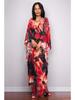 Handgemachter schwarzer & roter floraler langer Strand-Überwurf-Kimono für Damen