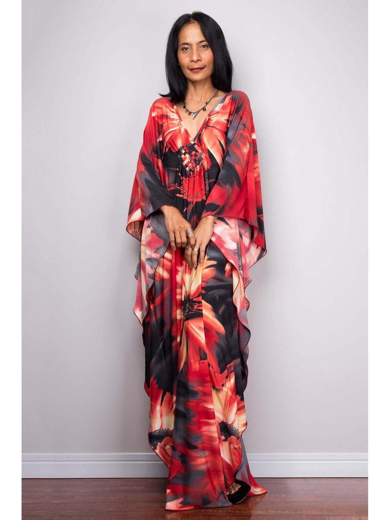 Handgemachter schwarzer & roter floraler langer Strand-Überwurf-Kimono für Damen