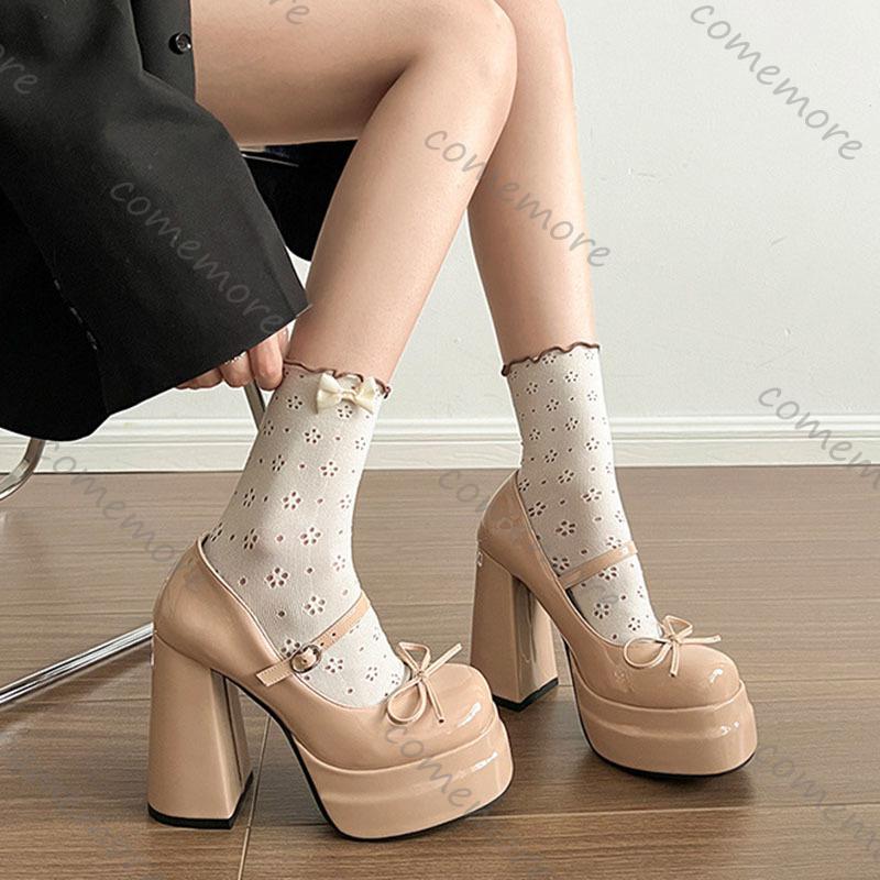 Fashion Comemore Platform Square High Heel Women's Mary Jane Shoes Fashion Butterfly-knot Shoes Spring Autumn Wedding Party Pumps Shoes