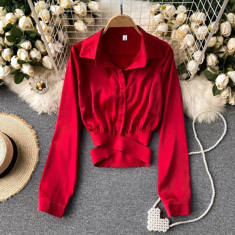 

Весенний французский дизайн Sense элегантная рубашка женская эстетическая эластичный пояс талия тонкая короткая блузка женская новая мода однотонная ретро рубашка джокер M красный