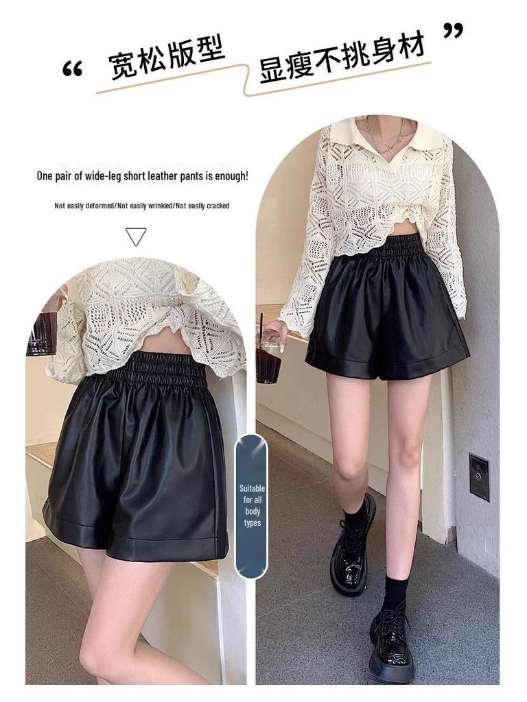 PU Leather Women’s High-Waist A-Line Shorts – Autumn/Winter 2025 Black Fashion Wide-Leg Casual Pants