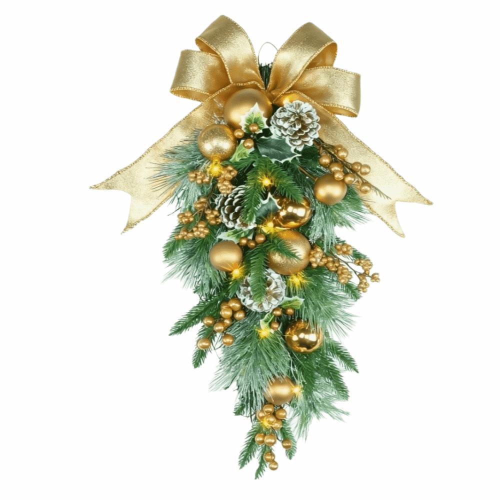 Realistic Artificial Christmas Wreath Pine Needles Droplet Style Wall Hanging Christmas Garland Teardrop Shape Red Berries