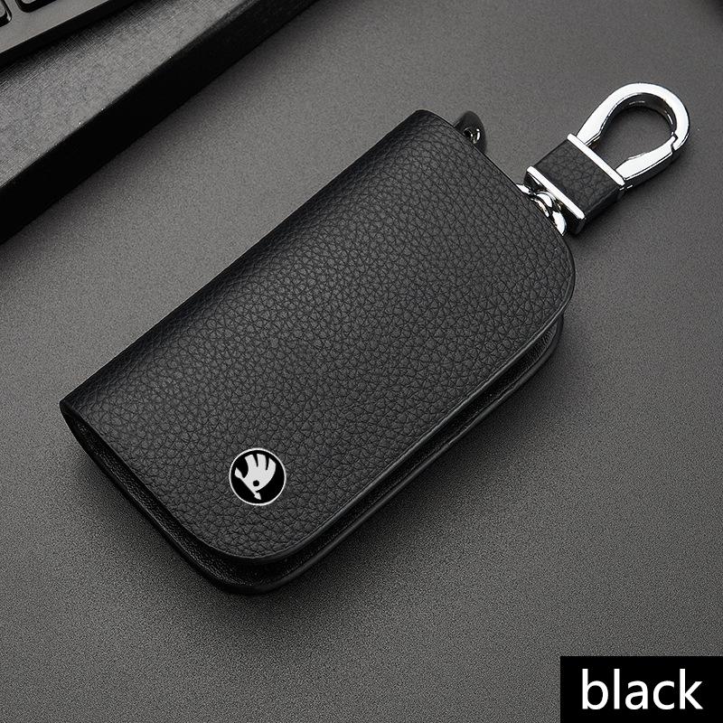Genuine Leather Key Case Zipper Key Cover Car Accessories Tools for Skoda RS Rapid Yeti Karoq Vision Octavia Kodiaq Kamiq Fabia BI7