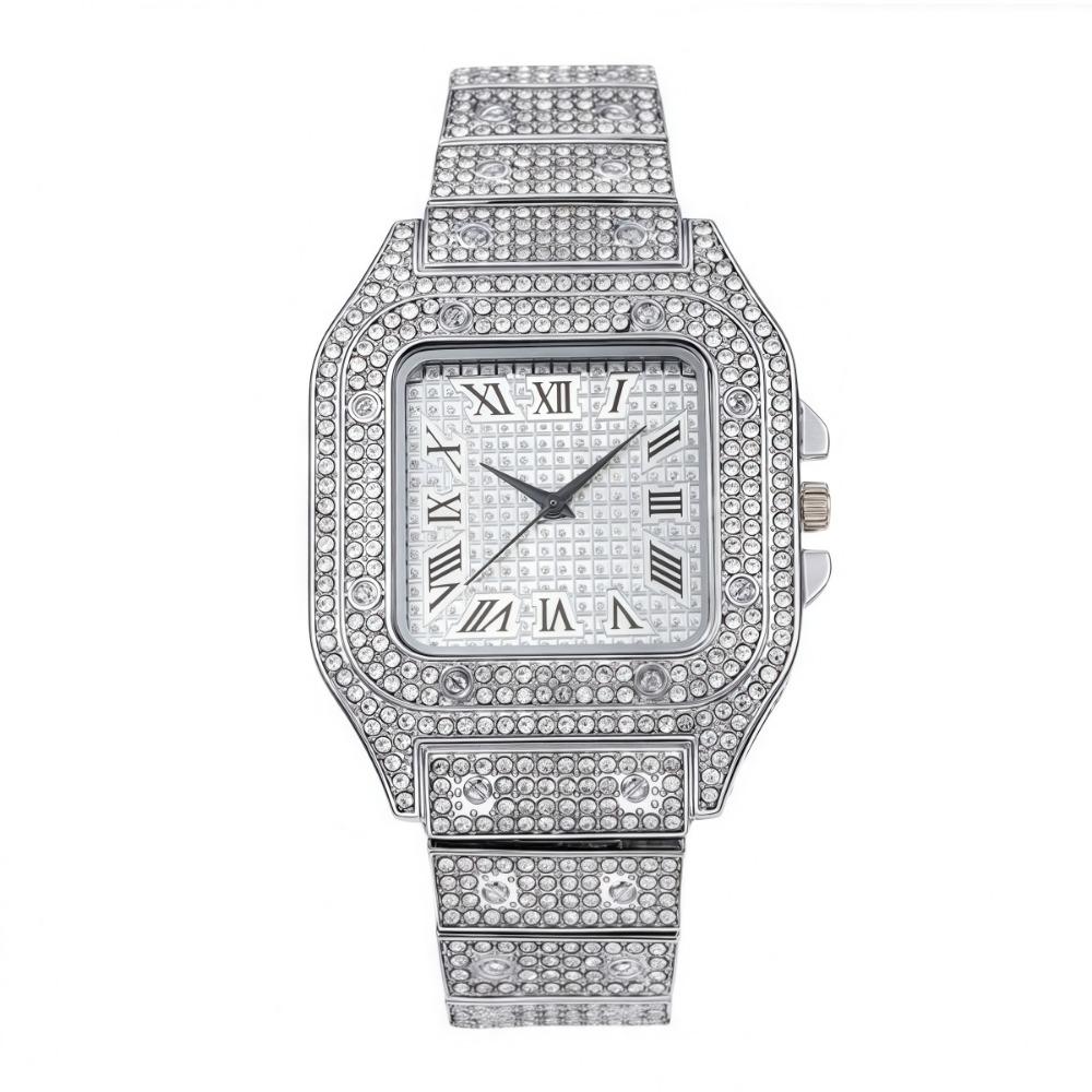Men's Hip Hop Trendy Fashion Large Dial Diamond Cuban Chain Watch Set