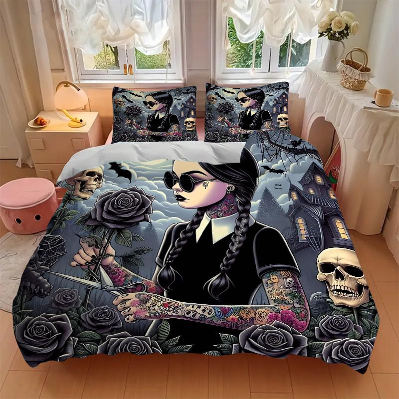 3pcs Addams Dark Rose Printed Bedding Set, Soft and Comfortable Quilt Cover for Bedroom, Guest Room H001