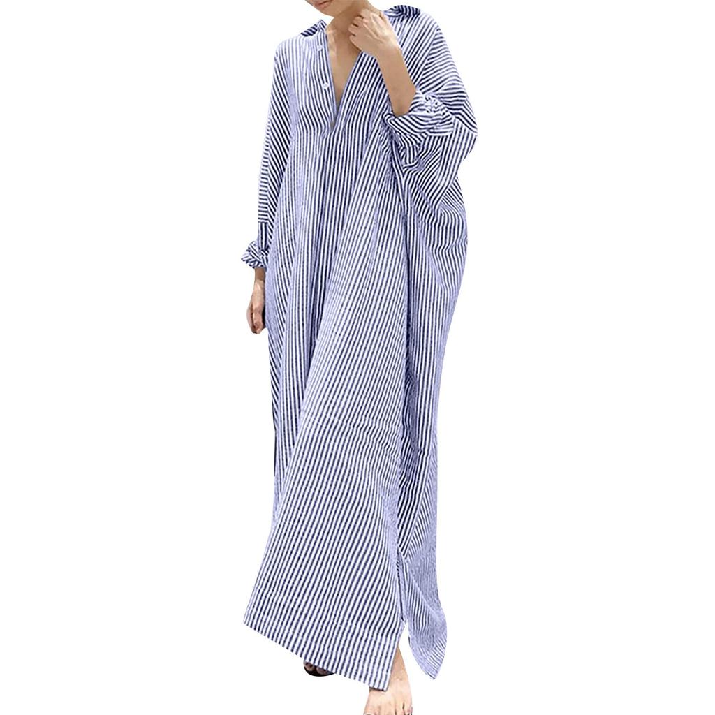 Women's Casual Cotton And Linen Striped Cardigan Loose Temperament Irregular Shirt Dress